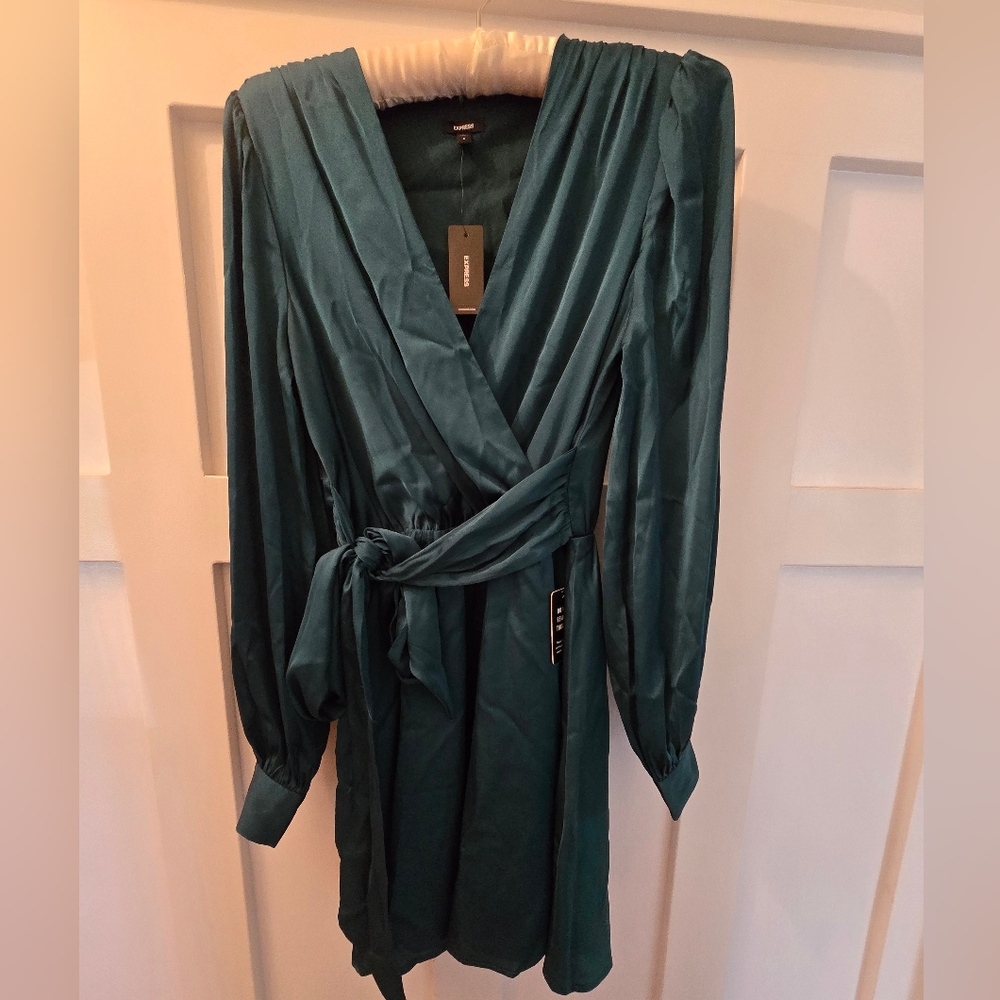 NWT Express Satin Long Sleeve Tie Waist Mini Dress Jewel